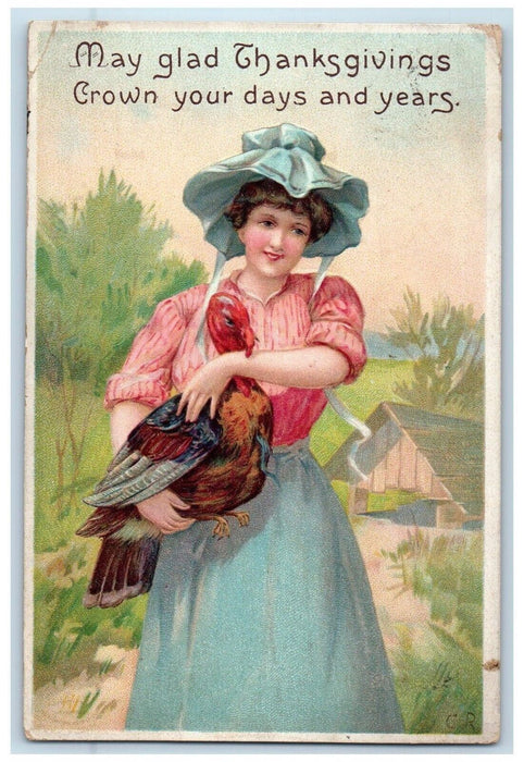 Thanksgiving Pretty Woman Carrying Turkey Clapsaddle New Cumberland WV Postcard