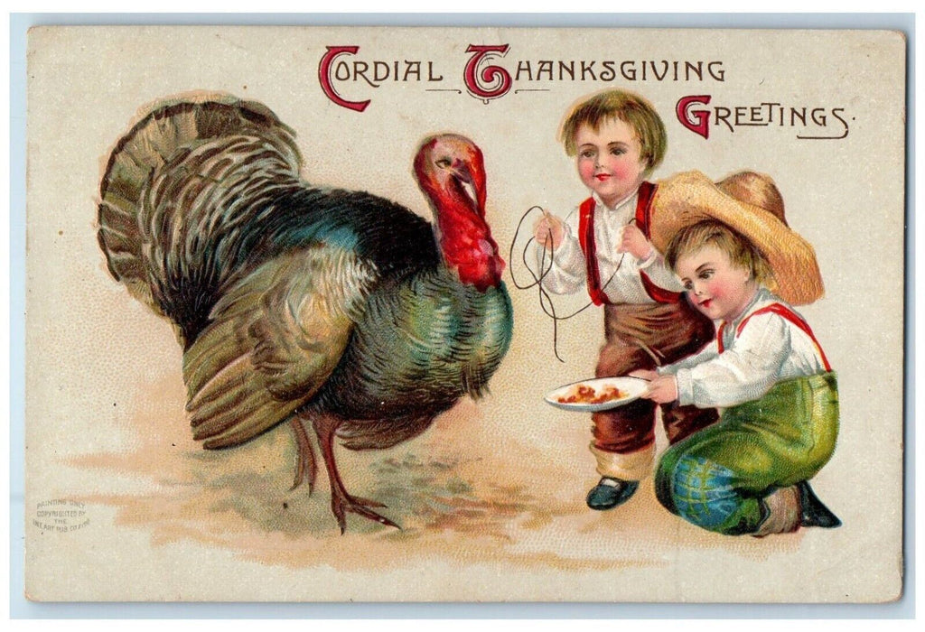 1908 Thanksgiving Greetings Boys Caching Turkey Embossed Clapsaddle Postcard