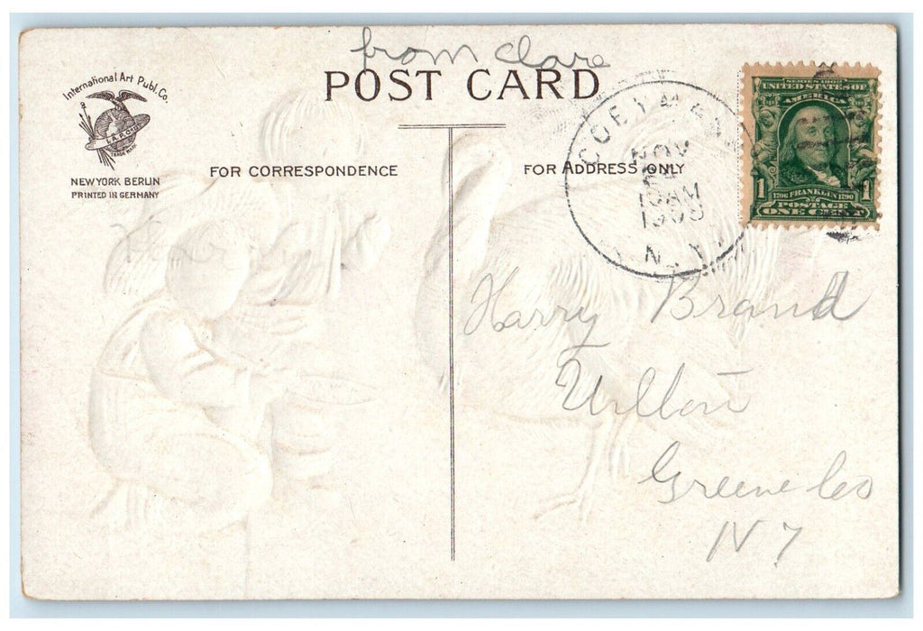 1908 Thanksgiving Greetings Boys Caching Turkey Embossed Clapsaddle Postcard