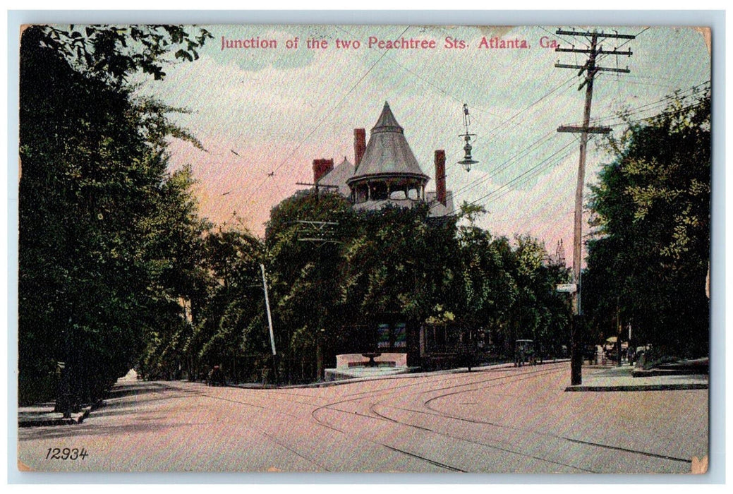1907 Junction of the Two Peachstree Streets Atlanta Georgia GA Antique Postcard