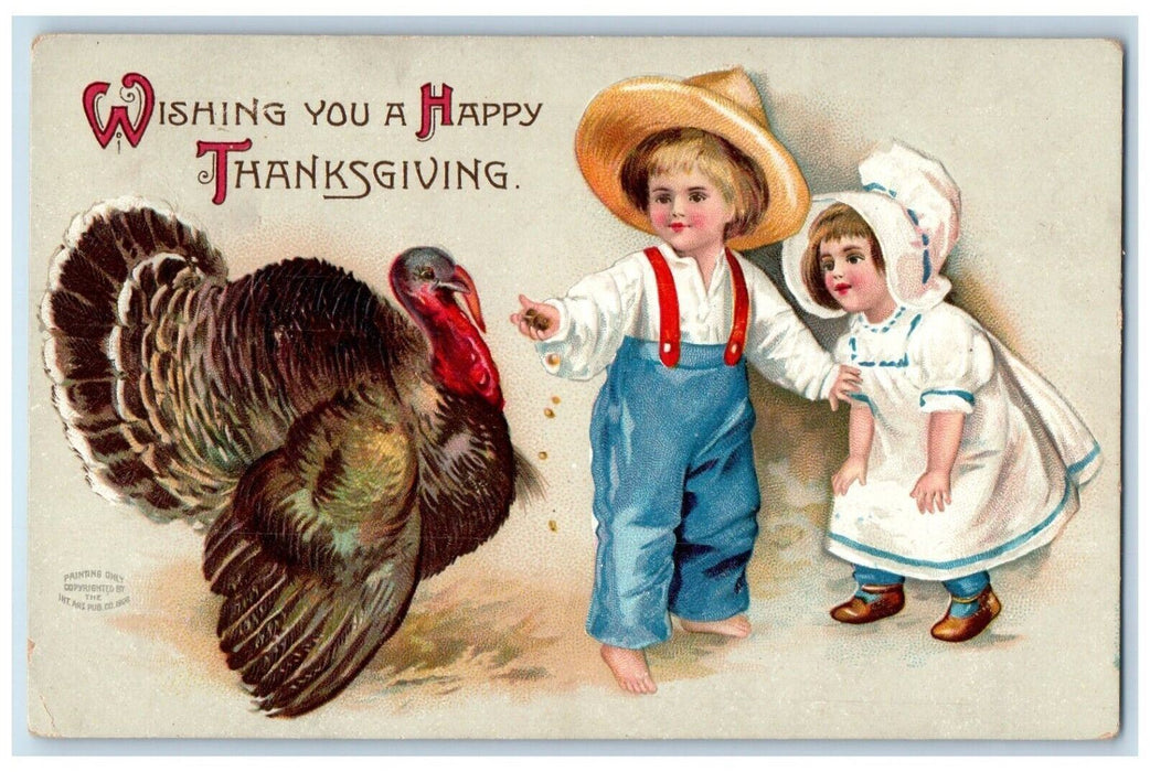 Thanksgiving Greetings Children Feed Turkey Embossed Clapsaddle Antique Postcard