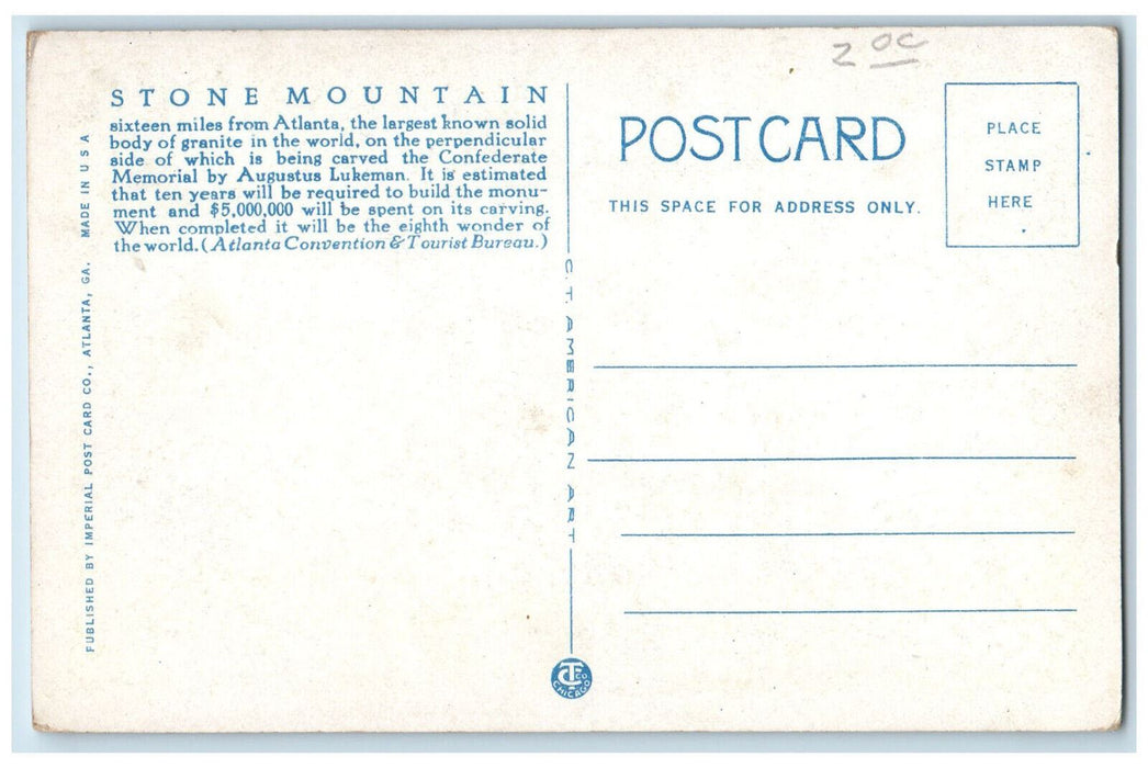 c1930's Stone Mountain Confederate Memorial In Solid Granite GA Postcard