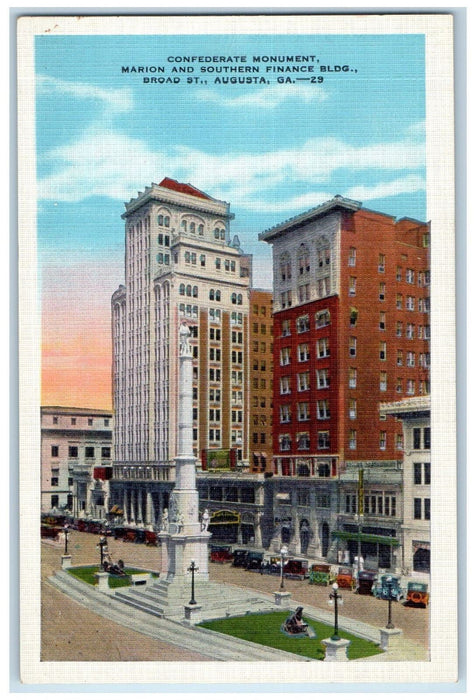 1935 Confederate Monument Marion Southern Finance Building Augusta GA Postcard