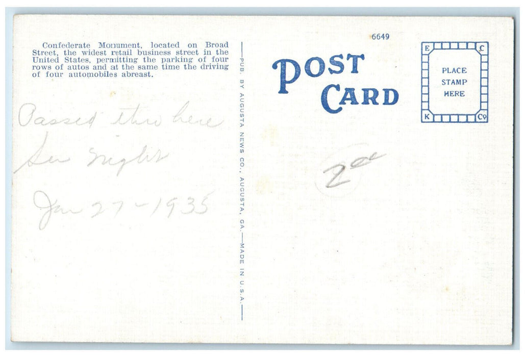 1935 Confederate Monument Marion Southern Finance Building Augusta GA Postcard