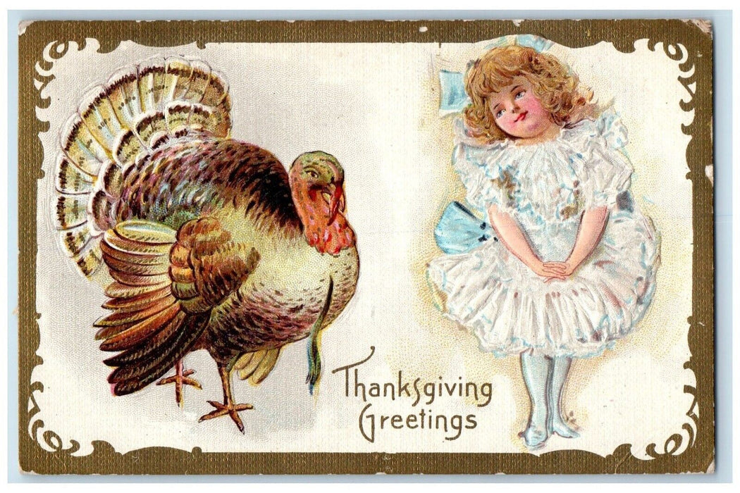 1911 Thanksgiving Greetings Cute Girl And Turkey Nash Embossed Antique Postcard