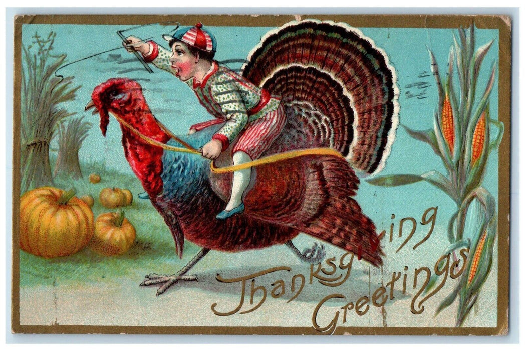 1909 Thanksgiving Greetings Boy Riding Turkey Pumpkin Winsch Back Postcard