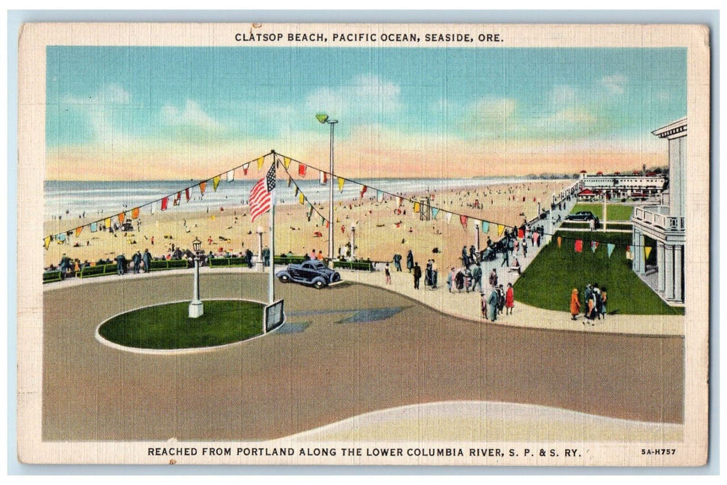 Clatsop Beach Pacific Ocean Seaside Oregon OR, S.P. & S. Railway Postcard