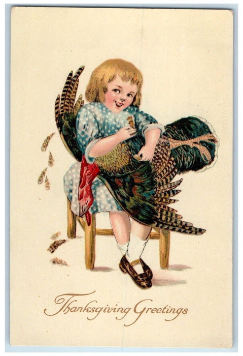 c1910s Thanksgiving Greetings Little Girl Cached Turkey Winsch Back Gel Postcard