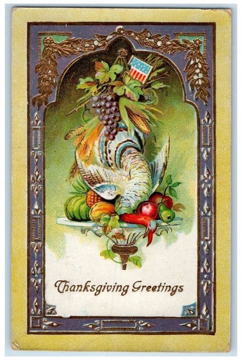 c1910's Thanksgiving Greetings Turkey And Fruits Gel Gold Gilt Embossed Postcard