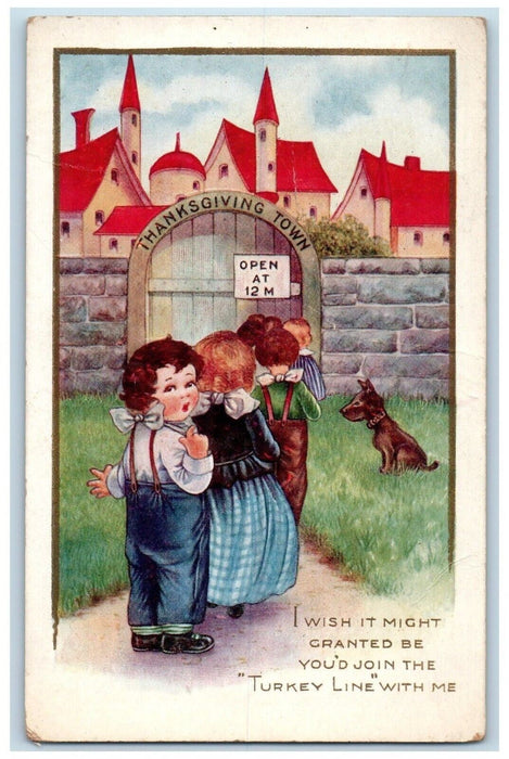 1919 Thanksgiving Town Children Line Dog Embossed Bay City Michigan MI Postcard