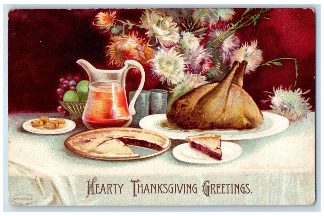 Thanksgiving Greetings Turkey Pie For Dinner Clapsaddle Embossed Postcard