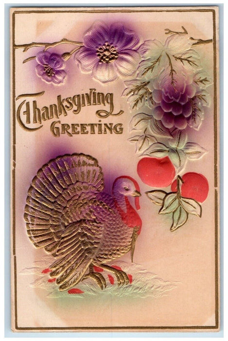 Thanksgiving Greetings Turkey Fruits Flowers Airbrushed Embossed  Postcard