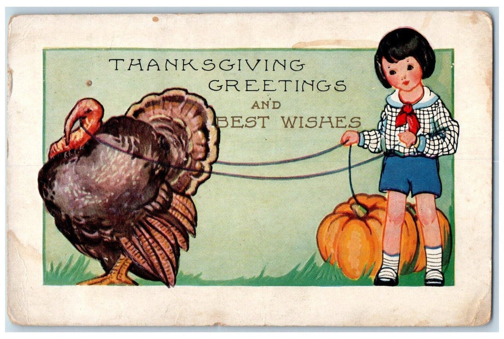 1927 Thanksgiving Greetings Boy Cached Turkey Pumpkin Chicago IL Posted Postcard