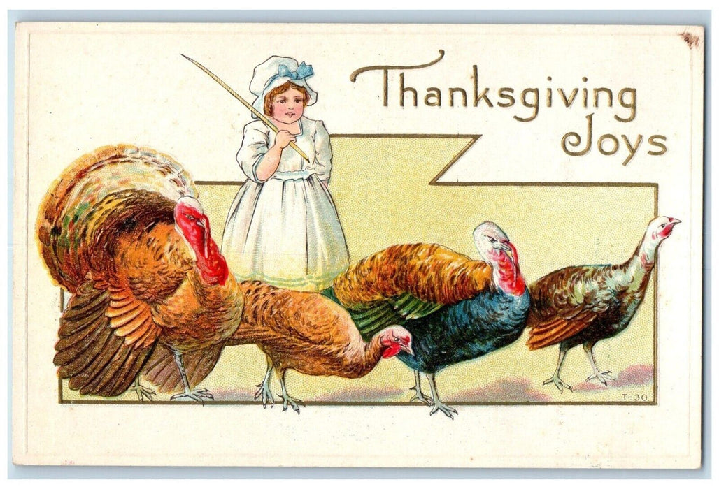 c1910s Thanksgiving Joys Woman Beating Turkey Embossed Unposted Antique Postcard