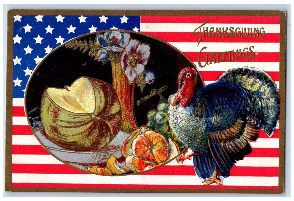 c1910's Thanksgiving Greetings Turkey Fruits Patriotic Embossed Antique Postcard