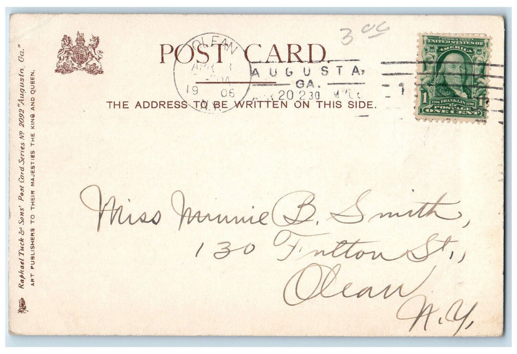 1906 Porter Attended First Baptist Church Augusta Georgia GA Tuck Art Postcard