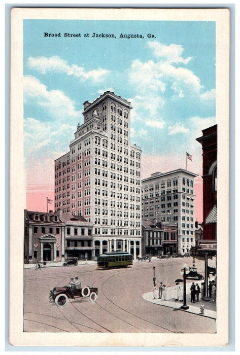c1930's Broad Street at Jackson Augusta Georgia GA Trolley Car Building Postcard