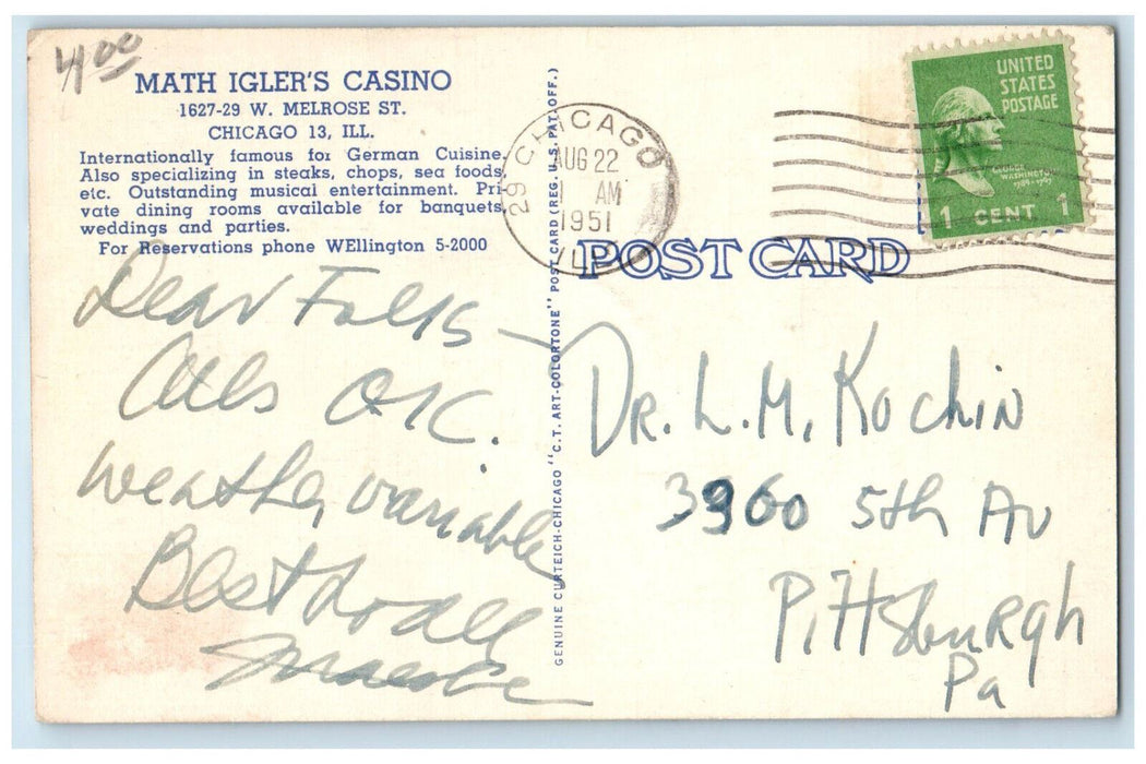 1951 View Of Math Igler's Casino Chicago Illinois IL Multiview Vintage Postcard