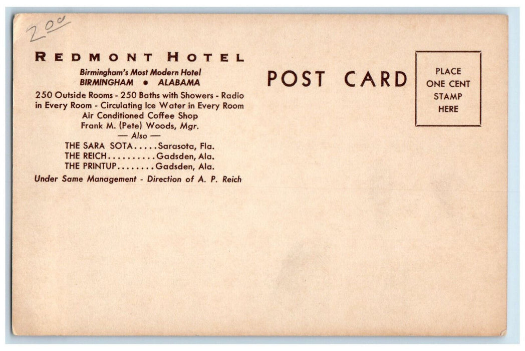 c1905 Redmont Hotel Birmingham Alabama AL Antique Advertising Postcard