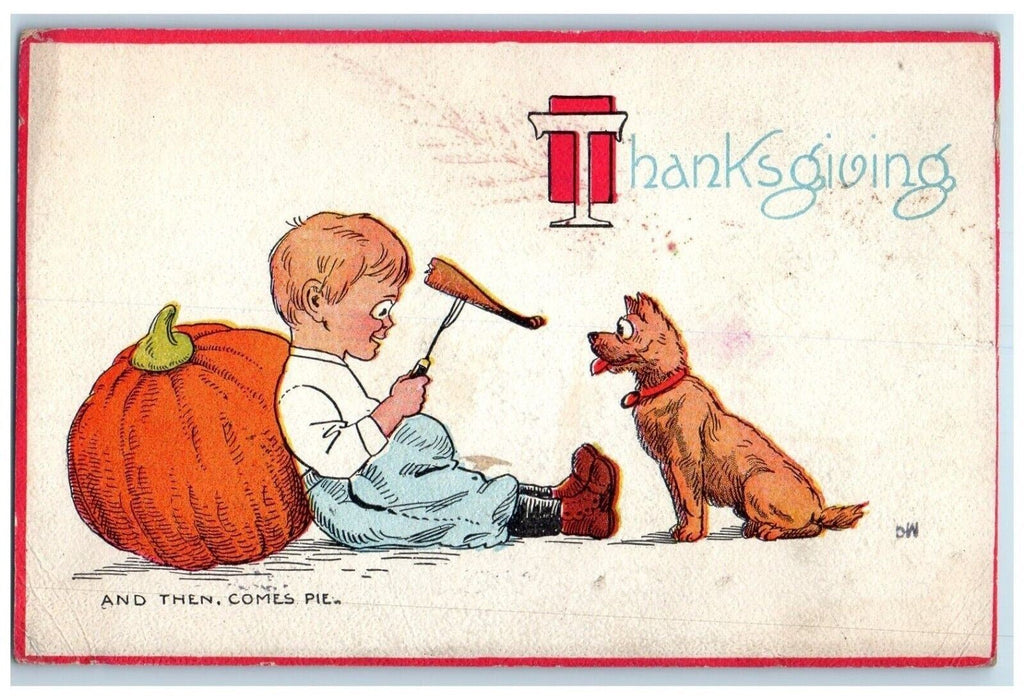 1912 Thanksgiving Boy Feed Dog Turkey Leg Gibson Chicago Illinois IL Postcard