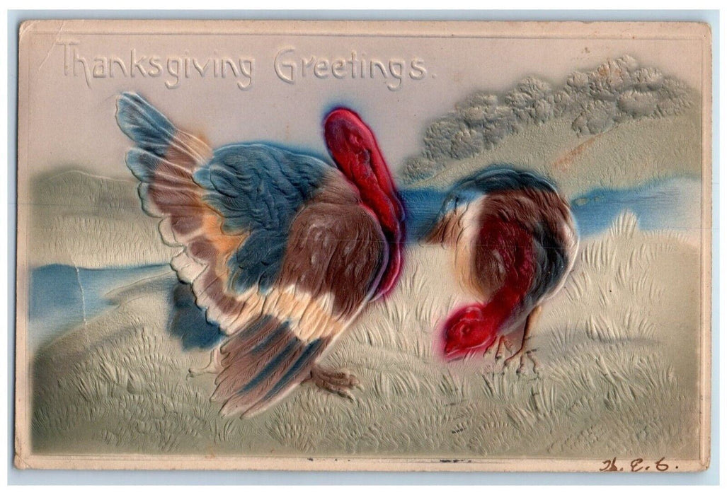 c1910's Thanksgiving Greetings Turkey Airbrushed Embossed Antique Postcard