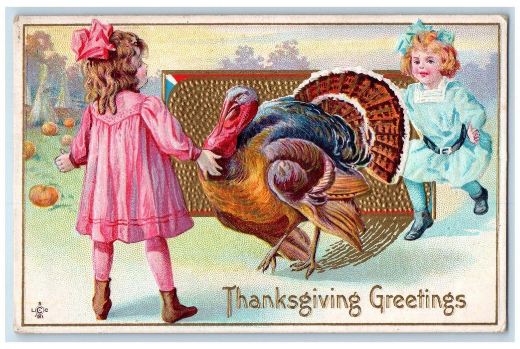 1911 Thanksgiving Greetings Girls Caching Turkey Embossed Rochelle IL Postcard