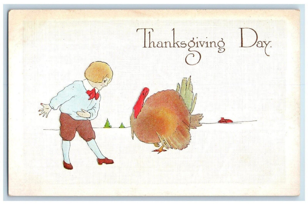 c1910's Thanksgiving Day Boy Bow Turkey Embossed Unposted Antique Postcard