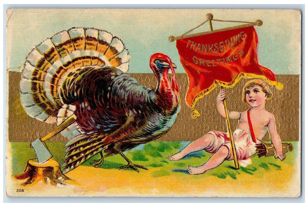 1910 Thanksgiving Greetings Boy Holding Banner Turkey Ax Embossed Postcard