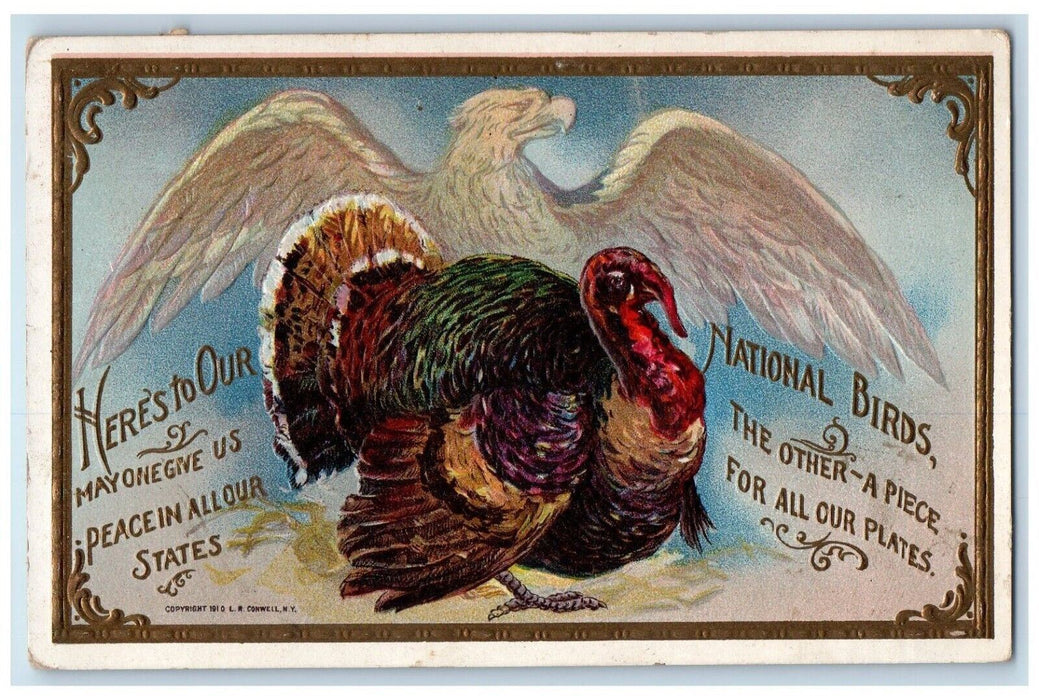 c1910's Thanksgiving Turkey National Birds Conwell Embossed Mendota IL Postcard