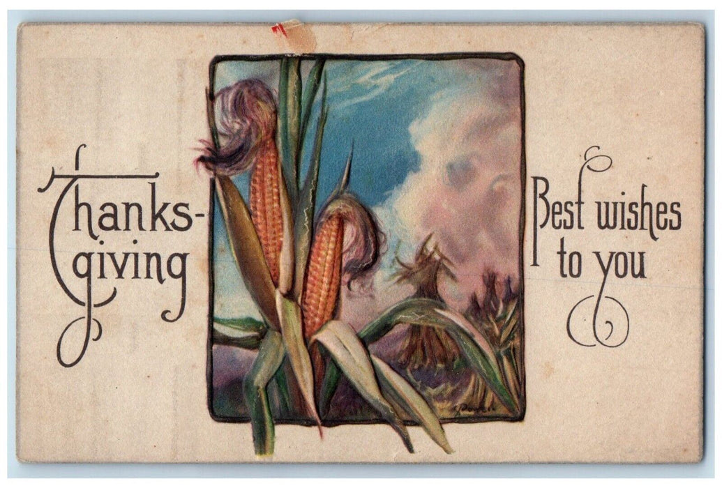 c1910's Thanksgiving Wishes Corn Clouds Embossed Posted Antique Postcard