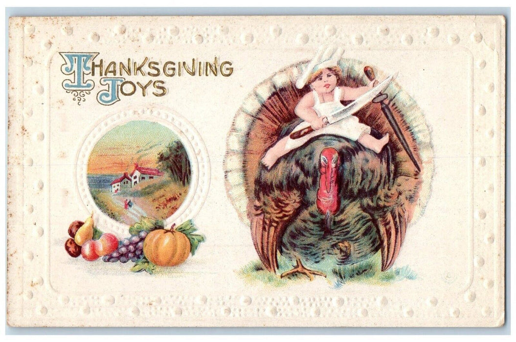 c1910's Thanksgiving Joys Boy Chef Riding Turkey Fruits Embossed Postcard