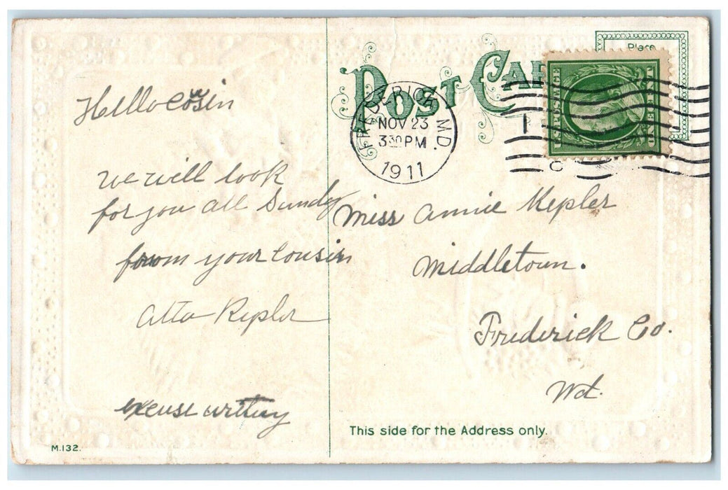 1911 Thanksgiving Greetings Chef On Top Of Turkey Wishbone Embossed Postcard