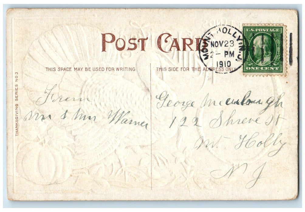 1910 Thanksgiving Greeting Turkey Landing Of The Puritans Embossed Postcard