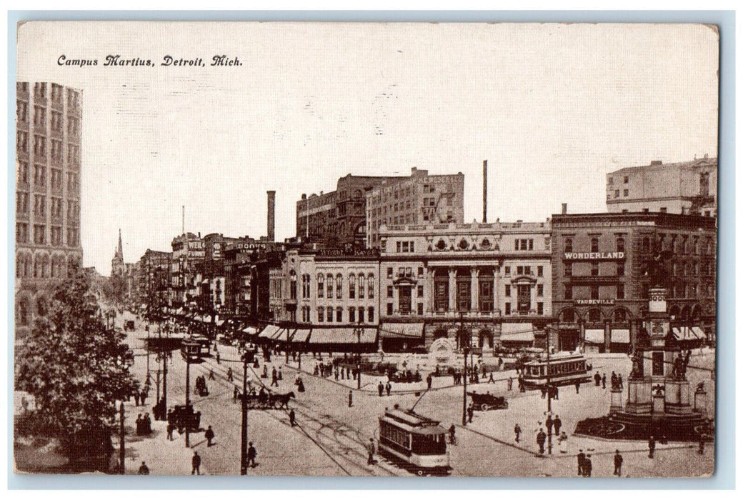 1909 Trolley Car Campus Martius Detroit Michigan MI Posted Antique Postcard
