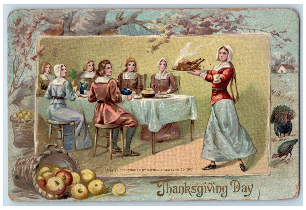 c1910's Thanksgiving Day Woman Serving Turkey Tuck's Embossed Antique Postcard