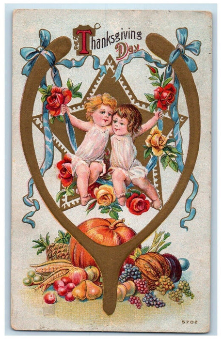 c1910's Thanksgiving Day Children Swing Wishbone Embossed Winsch Back Postcard