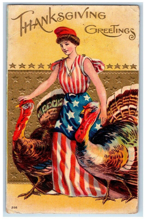 1913 Thanksgiving Greetings Pretty Woman With Turkeys Embossed Antique Postcard