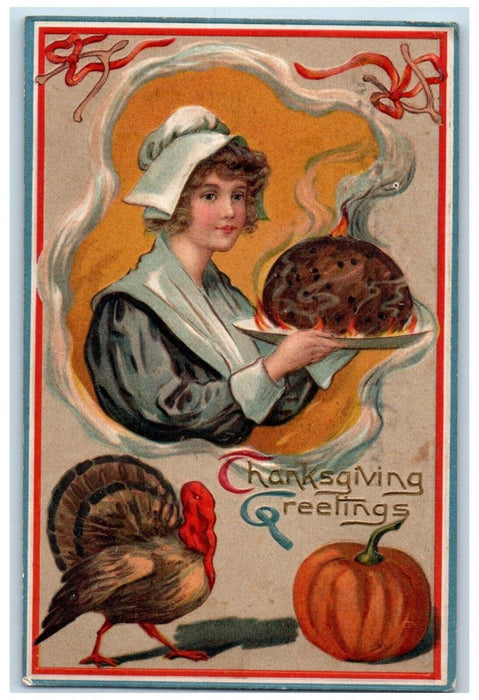 1909 Thanksgiving Greetings Pretty Woman Holding Pie Turkey Pumpkin Postcard