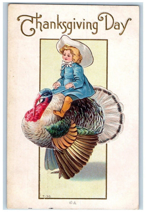c1910's Thanksgiving Day Little Girl Riding Turkey Embossed Dixon IL Postcard