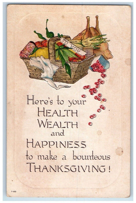c1910's Thanksgiving Bounteous Fruits In Basket Turkey Embossed Antique Postcard