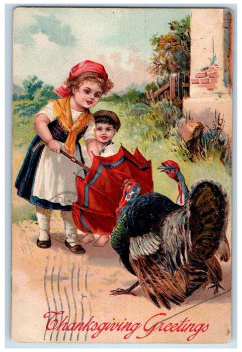 1910 Thanksgiving Greetings Turkey Attacked Woman And Kid Embossed Postcard