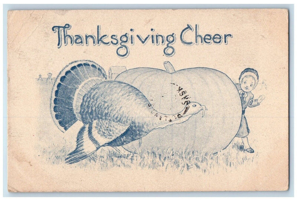 1906 Thanksgiving Cheer Girl Hiding Giant Pumpkin Turkey Gagetown MI Postcard