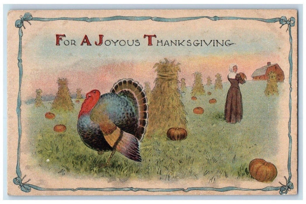 1913 Thanksgiving Turkey Woman Holding Pumpkin Hillsdale Michigan MI Postcard