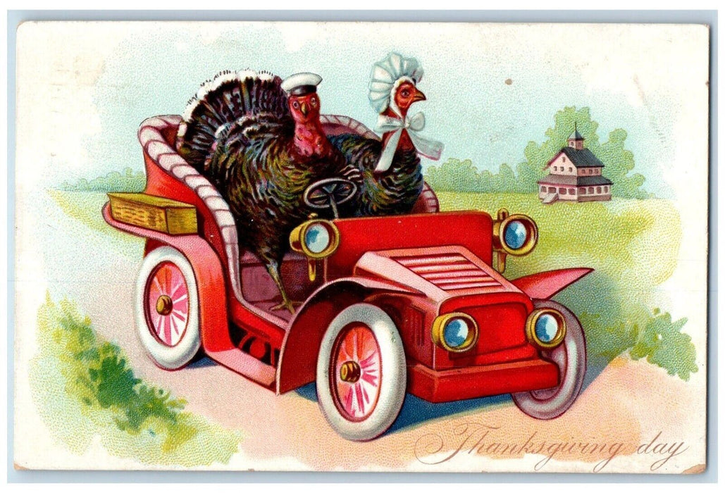 1907 Thanksgiving Day Anthropomorphic Turkey Driving Car Embossed Tucks Postcard