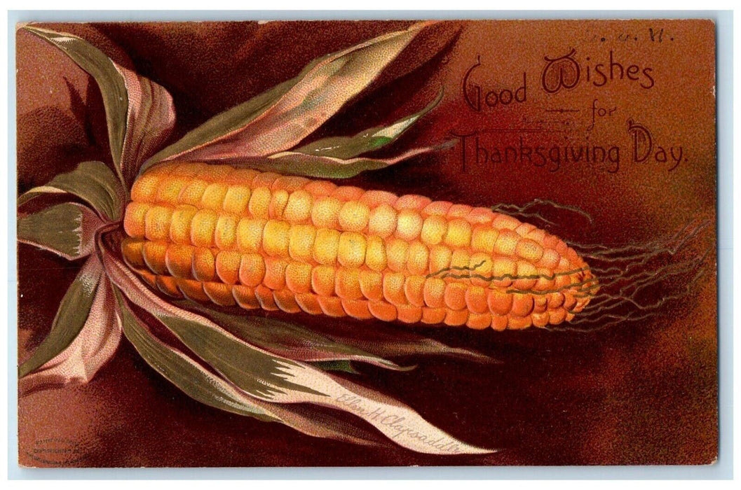 1907 Thanksgiving Day Yellow Corn Clapsaddle Embossed Posted Antique Postcard