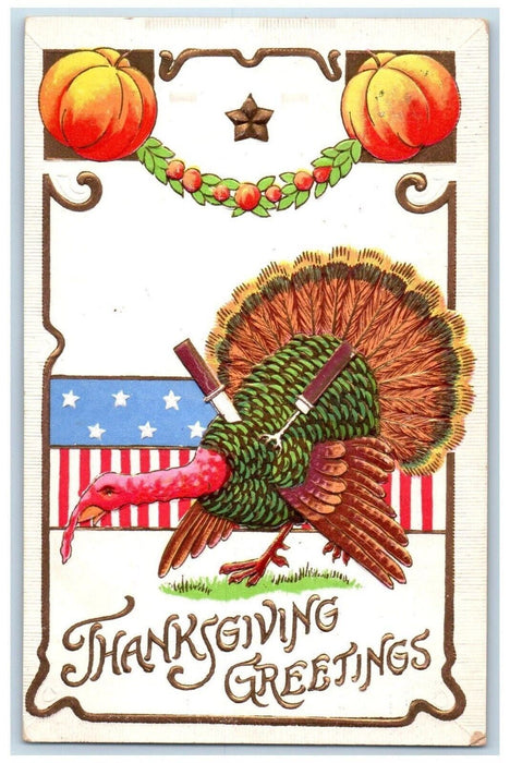 c1910's Thanksgiving Greetings Turkey Knife Pumpkin South Bethlehem PA Postcard