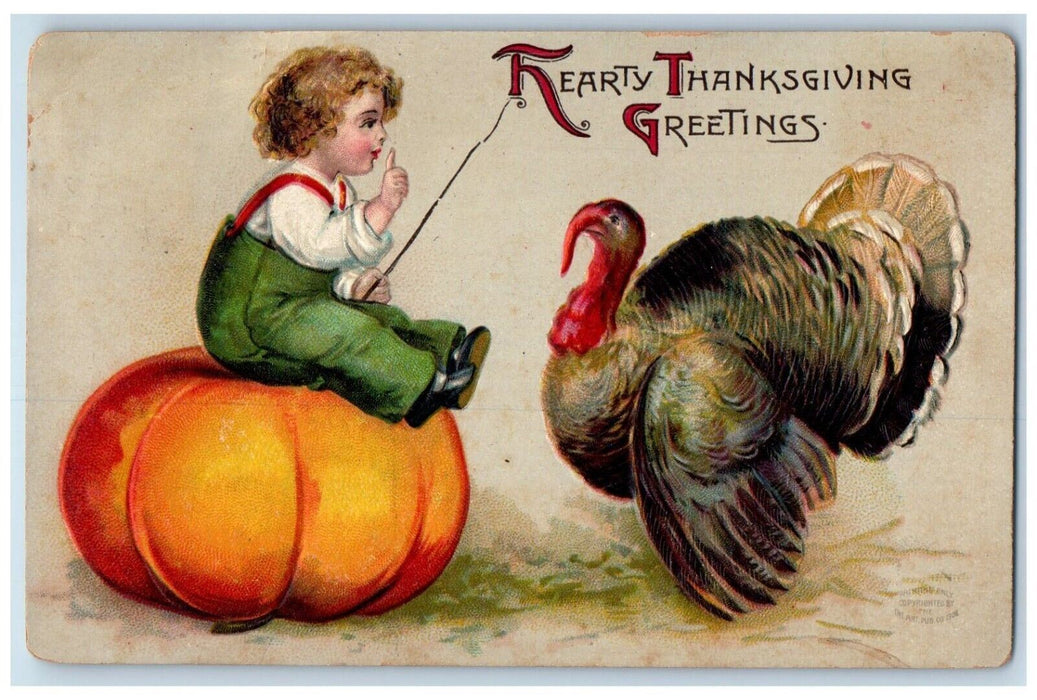 1908 Thanksgiving Greetings Little Boy Sat On Top Of Pumpkin Turkey Postcard