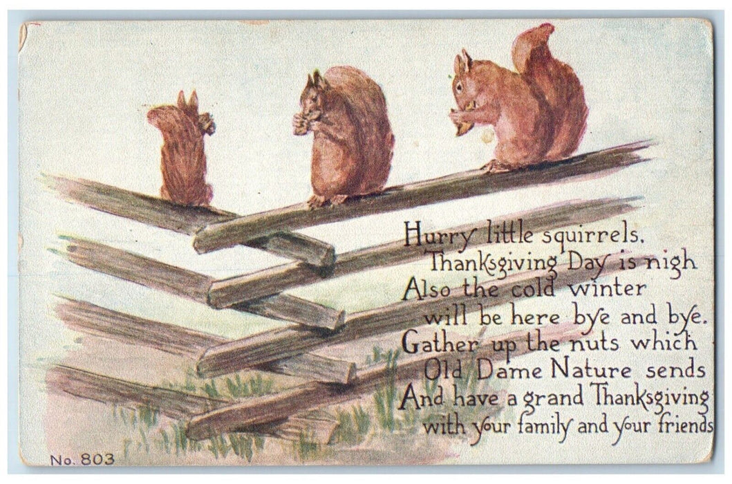 c1910's Thanksgiving Day Squirrels Eating Nuts On Top Of Fence Antique Postcard