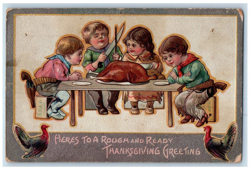 1914 Thanksgiving Greeting Children Eating Turkey Embossed Antique Postcard