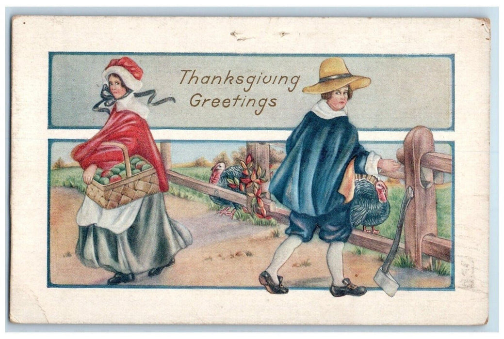 1919 Thanksgiving Greetings Couple Fighting Ax Turkey Martinsburg WA Postcard